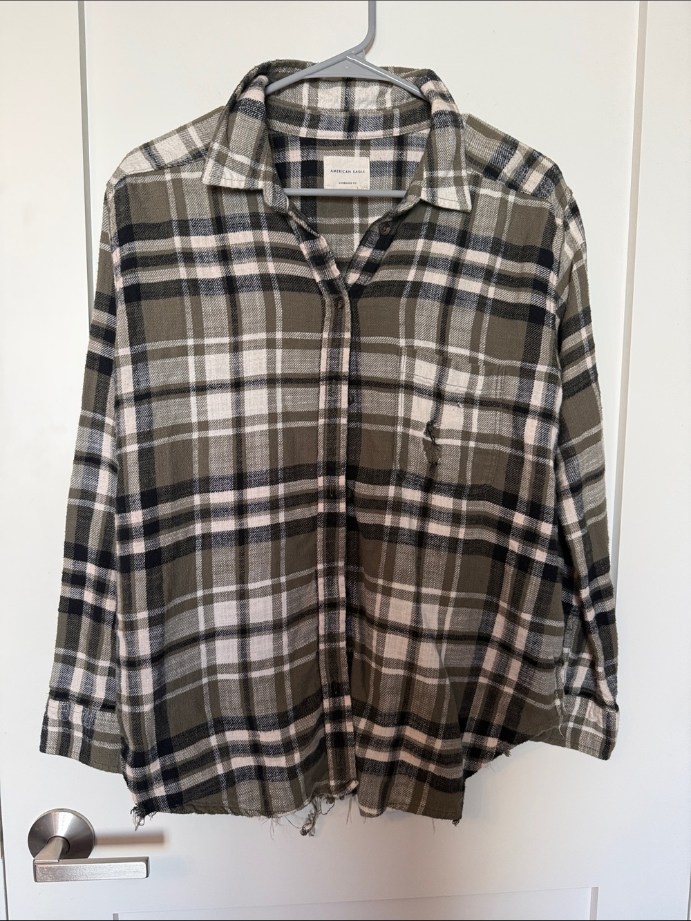 American Eagle Outfitters Olive Green Black White Plaid Button-Down Shirt- Small